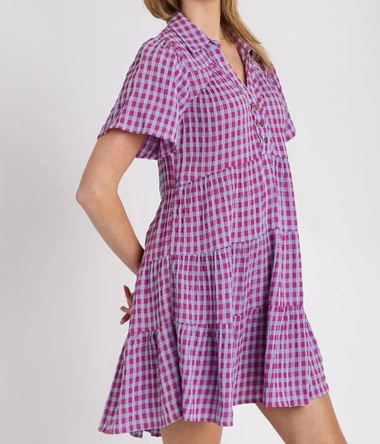 Purple gingham tiered dress