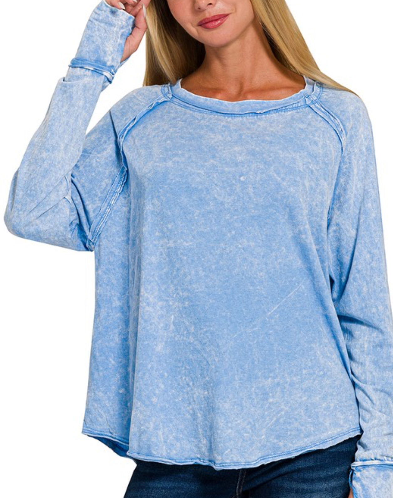 Deep sky mineral wash top w/thumb holes – When Pigs Fly Boutique